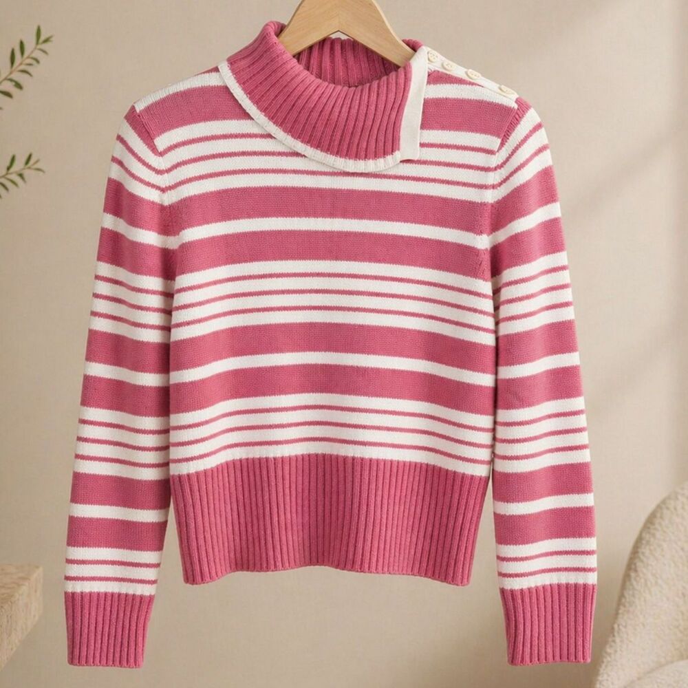 Vintage Norton McNaughton Pink Striped Mock Neck Sweater Cotton Coquette Large